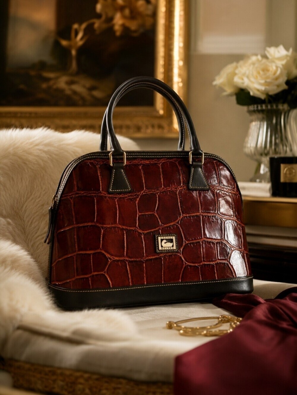 Dooney & Bourke Cognac Croco Embossed Leather Domed Satchel Bag